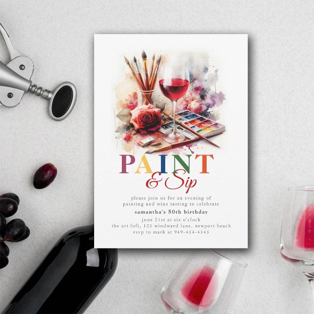 Invitación Paint & Sip Wine Art Painting Fiesta 50 cumpleaños (paint and sip birthday party 50th women wine winery art painting invitation)