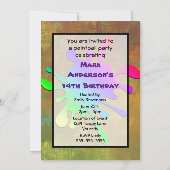 Invitación Paint Splatter Paintball Cumpleaños (Anverso)