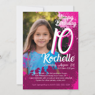 Invitación Paint Splatter Photo 10th Birthday Invite