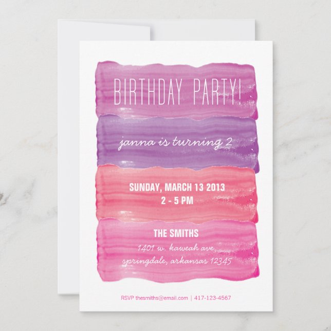 Invitación Paint Strokes Girls Birday Party (Anverso)