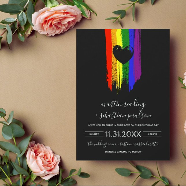 Invitación Paint Strokes Pride Flag y Black Heart Boda (Subido por el creador)