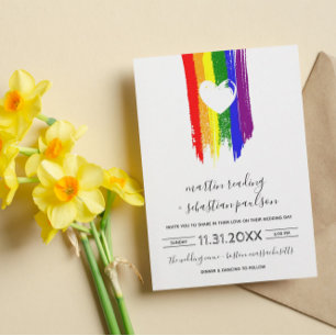 Invitación Paint Strokes Pride Flag y White Heart Boda