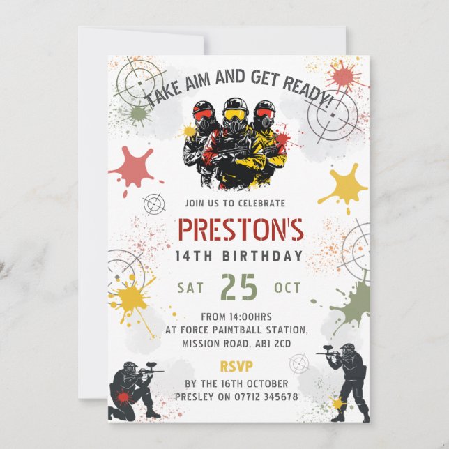 Invitación Paintball Birthday Invitation Take Aim & Get Ready (Anverso)