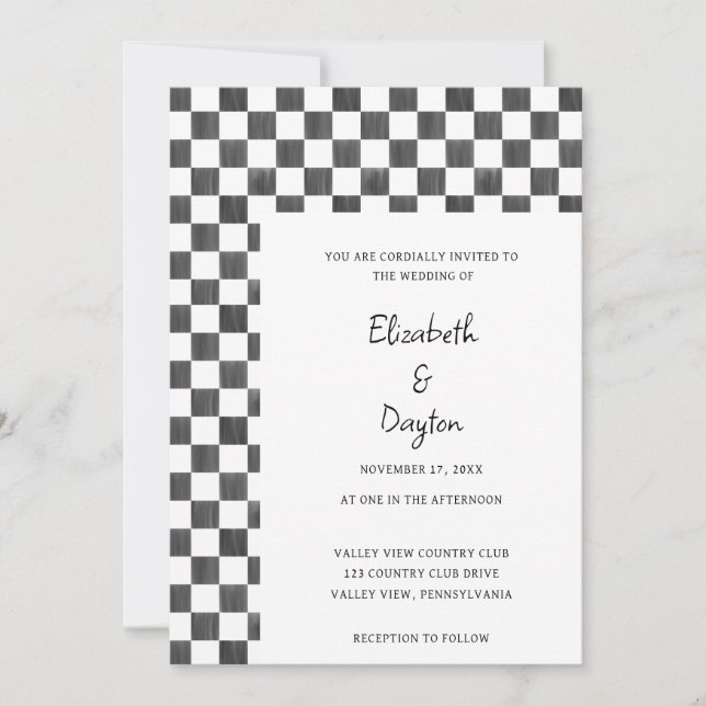 Invitación Painted Black and White Check Pattern Wedding (Anverso)