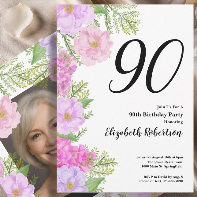 Invitación Painted Flower Custom Photo Template 90th Birthday (Subido por el creador)