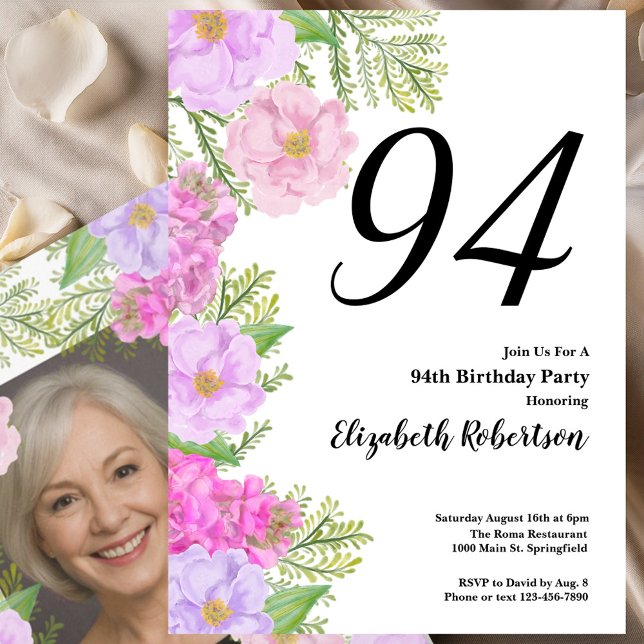 Invitación Painted Flower Custom Photo Template 94th Birthday (Subido por el creador)