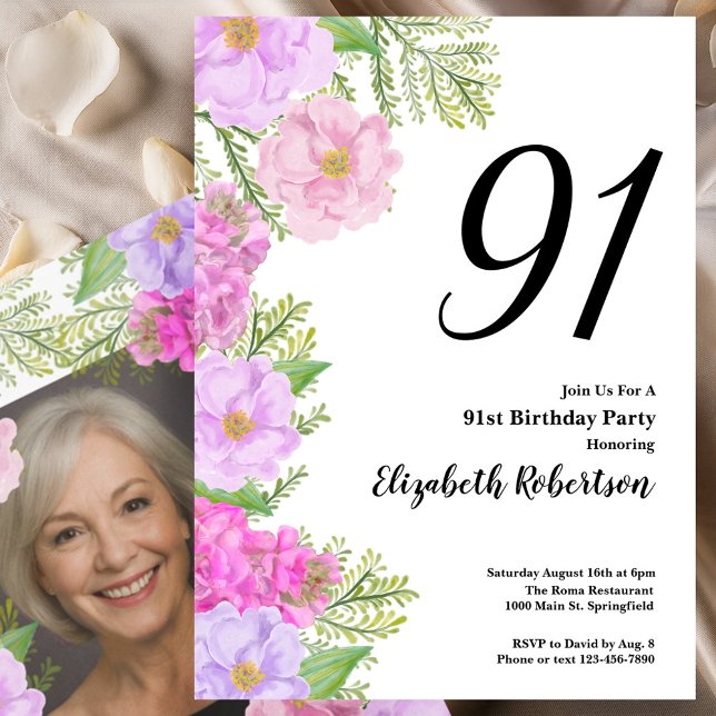 Invitación Painted Flower Custom Photo Template 94th Birthday (Subido por el creador)
