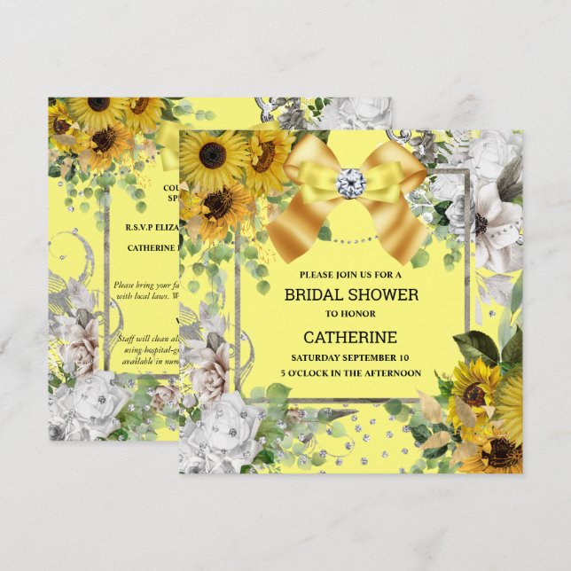 Invitación País amarillo girasol, purpurina veraniego tambale (Anverso / Reverso)