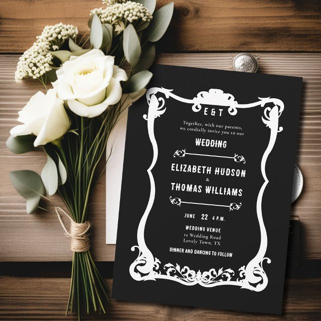 Invitación País Blanco Blanco Negro Blanco Formal Boda Elegan (country western black white wedding invitation vintage frame formal elegant modern ranch barn rustic)