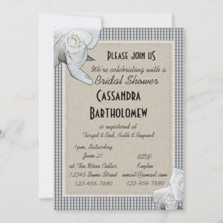 Invitación País Blue Checks White Roses Bridal Shower