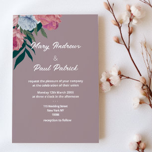 Invitación País Boda floral verde oscuro rosa morado
