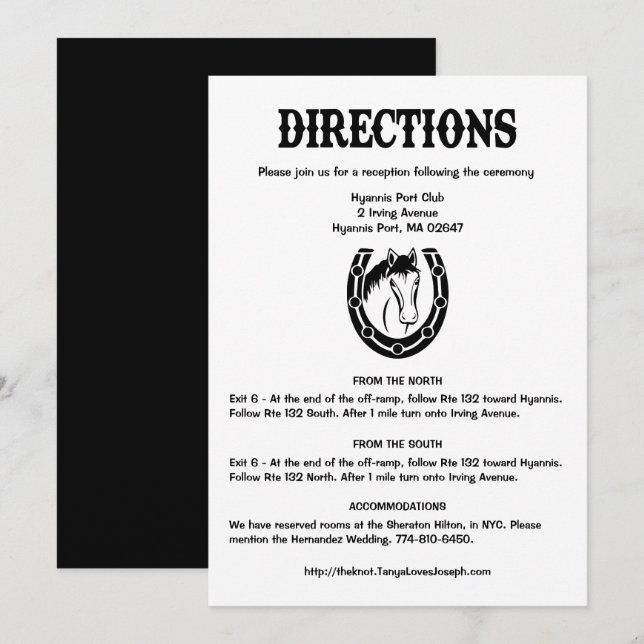 Invitación País Boda negro dirección caballo herradura (Anverso / Reverso)