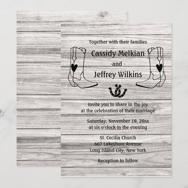 Invitación País Boda occidental: Cowboy bota madera rústica (Anverso / Reverso)