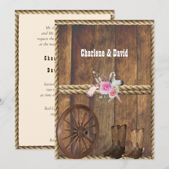 Invitación País Boda occidental rosas rosas plumas Rope I (Anverso / Reverso)