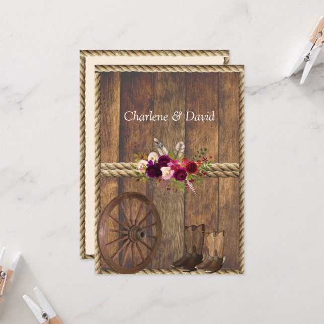 Invitación País Boda Occidental Roses Roses Roses Feathers Ro (Anverso/Reverso In Situ)