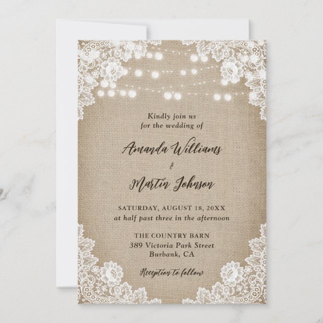 Invitación País Burlap Floral Lace String Lights Boda (Anverso)