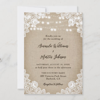 Invitación País Burlap Floral Lace String Lights Boda