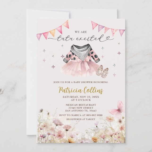 Invitación País Chica occidental Tutu Floral Baby Shower (Anverso)