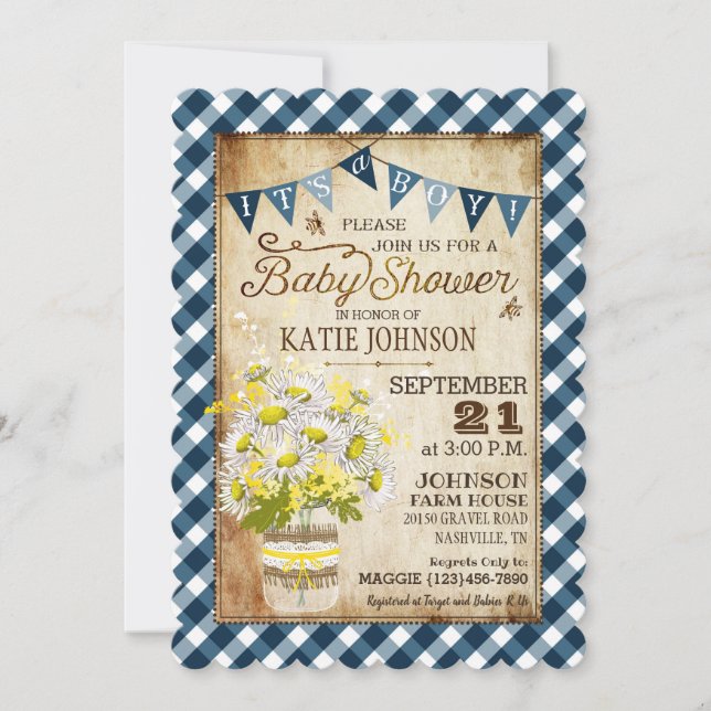 Invitación País Daisies Gingham Check Boy Baby Shower (Anverso)