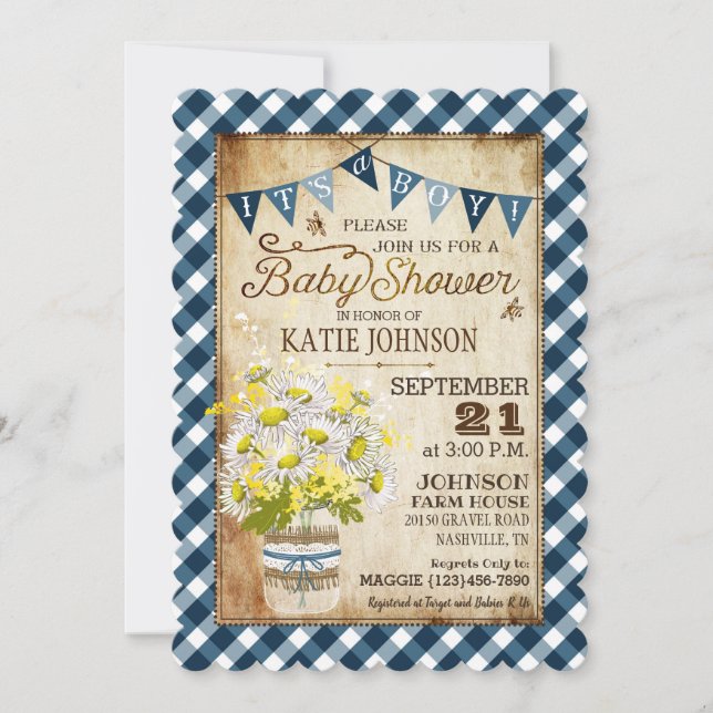 Invitación País Daisies Gingham Check Boy Baby Shower (Anverso)