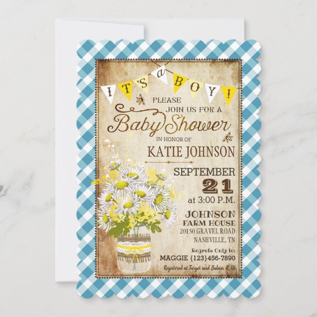 Invitación País Daisies Gingham Check Boy Baby Shower (Anverso)