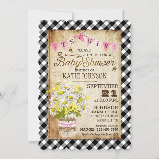 Invitación País Daisies Gingham Check Chica Baby Shower (Anverso)