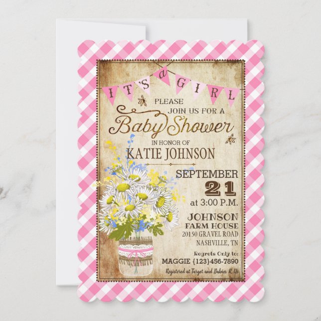 Invitación País Daisies Gingham Check Chica Baby Shower (Anverso)