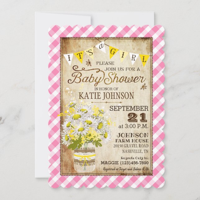 Invitación País Daisies Gingham Check Chica Baby Shower (Anverso)