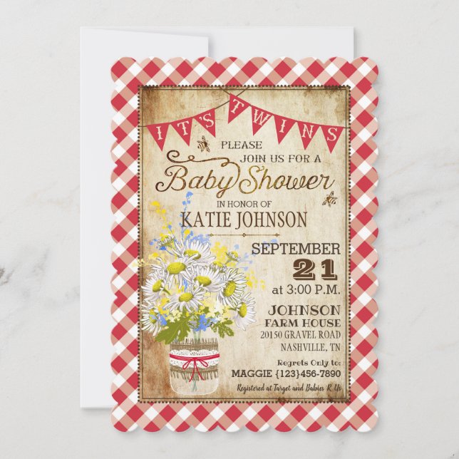 Invitación País Daisies Gingham Check Twins Baby Shower (Anverso)