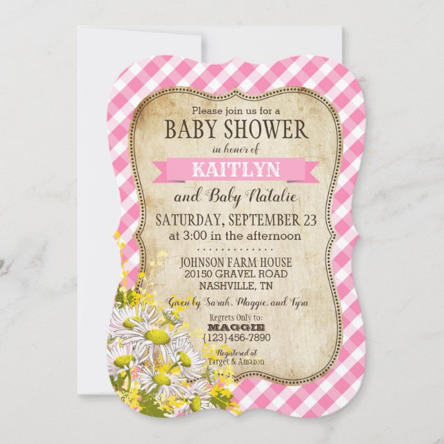 Invitación País Daisies Pink Gingham Check Baby Shower (Anverso)