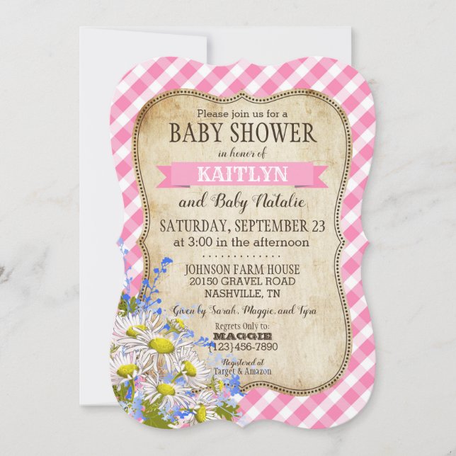 Invitación País Daisies Pink Gingham Check Baby Shower (Anverso)