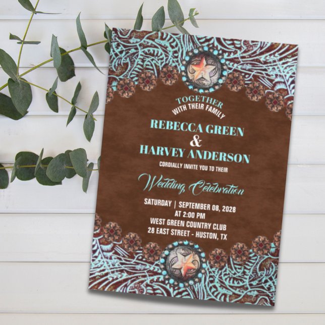Invitación país de cuero marrón turquesa boda occidental (turquoise brown leather country western wedding invitation)
