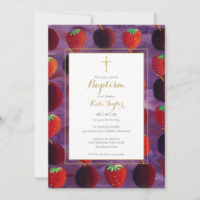 Invitación País de Frutas Rojas Bautizo (Anverso)