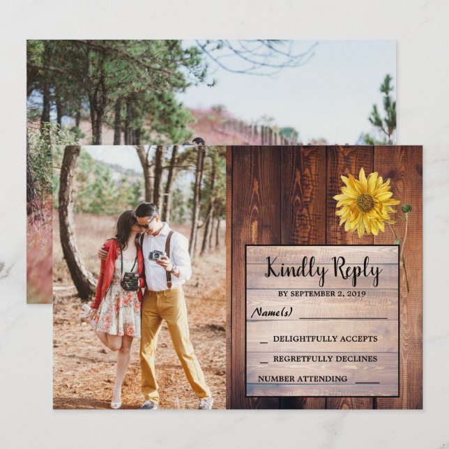 Invitación País de la foto del girasol de madera rústica Wedd (Anverso / Reverso)