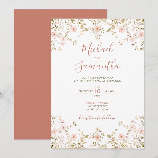 Invitación País de la Rosa Salvaje Boda (Anverso / Reverso)
