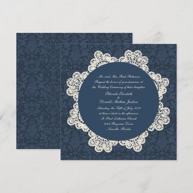Invitación País Denim Damask & Ivory Lace Boda (Anverso / Reverso)
