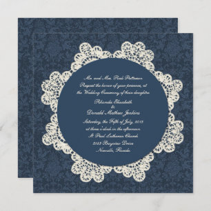 Invitación País Denim Damask & Ivory Lace Boda