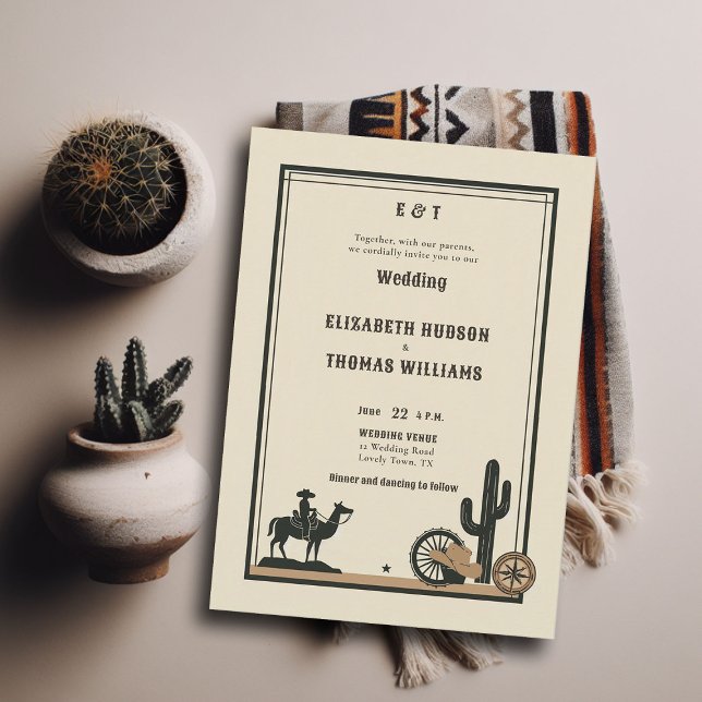 Invitación País elegante de vintage rústico Boda Vino (rustic vintage cowboy wedding invitation country western elegant frame horse hat cactus illustration)
