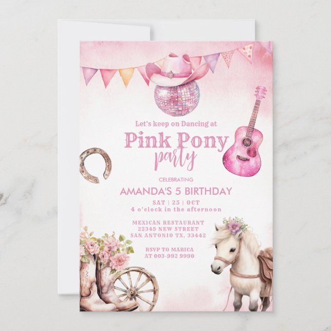 Invitación País Fiesta rosado País Chica occidental Cumpleaño (Anverso)