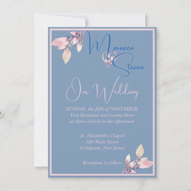 Invitación País floral Boda azul y rosa (Anverso)