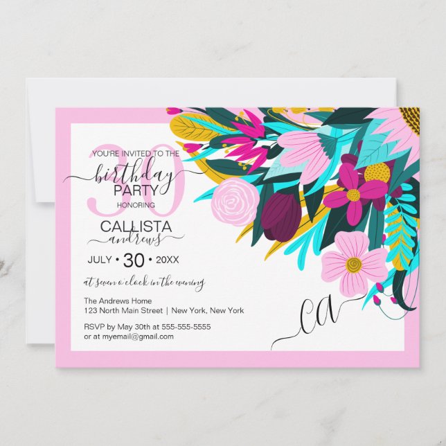 Invitación País Floral rosa dorado deja frontera cumpleaños (Anverso)