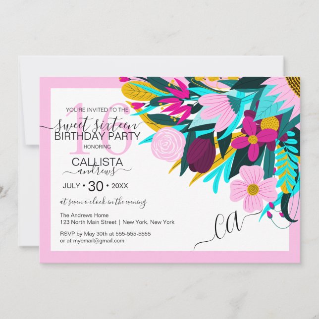 Invitación País Floral rosa dorado deja la frontera dulce 16 (Anverso)