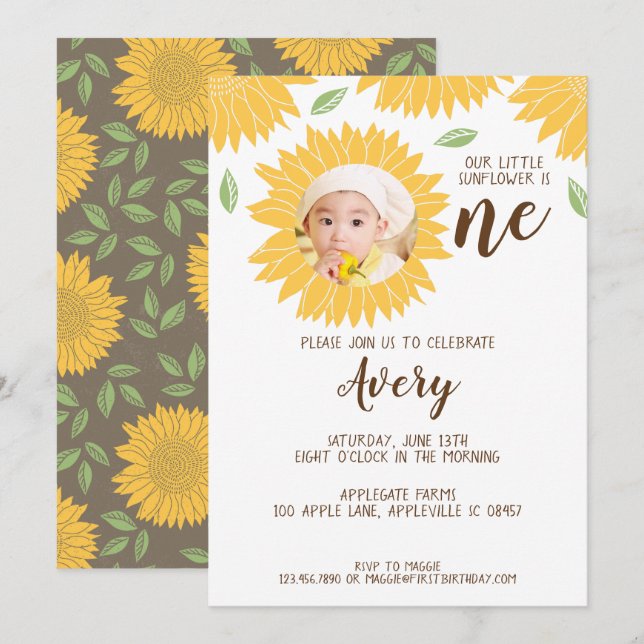 Invitación País Girasol Foto Primer Fiesta de Cumpleaños (Anverso / Reverso)