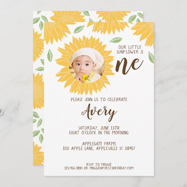 Invitación País Girasol Foto Primer Fiesta de Cumpleaños (Anverso / Reverso)