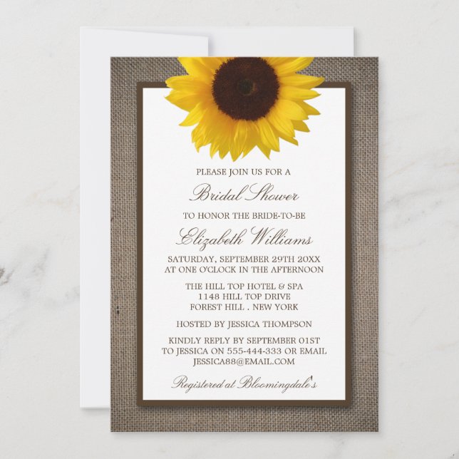 Invitación País Girasol Rústico En La Ducha Bridal Burlap (Anverso)