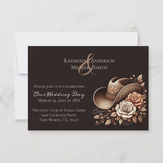 Invitación País Gorra de Vaquera Occidental con Flores (Anverso)