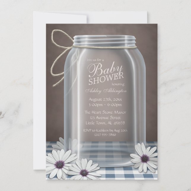 Invitación País Mason Jar Blue Gingham Baby Shower (Anverso)