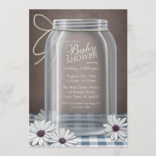 Invitación País Mason Jar Blue Gingham Baby Shower