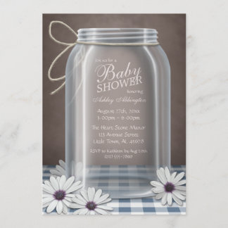 Invitación País Mason Jar Blue Gingham Baby Shower