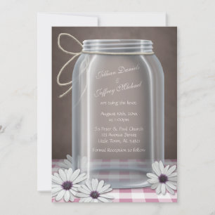 Invitación País Mason Jar Daisy Pink Gingham Boda